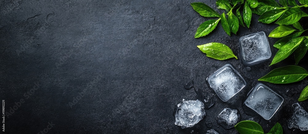 Poster fresh green leaves and ice cubes arranged on a dark stone surface with copy space for text placement