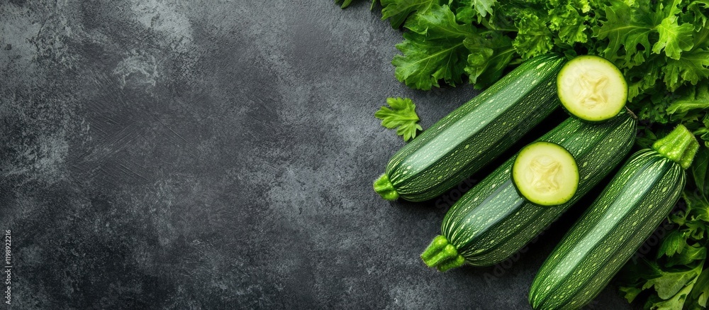 Poster fresh cucumbers and herbs arranged on a textured dark background with sufficient copy space for text