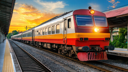 Obraz premium vibrant train at station during sunset, showcasing its colorful exterior and beautiful sky. scene captures essence of travel and adventure