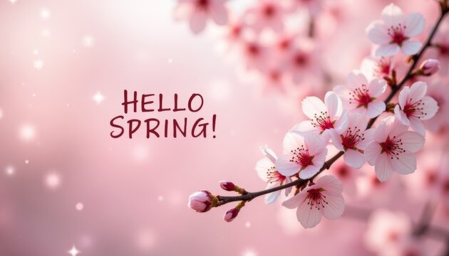 Cherry blossom branch with pink flowers on blurred pink background with inscription "HELLO SPRING". Arrival of spring and awakening of nature. Typography, postcard, calendar, monthly organizer. - Powered by Adobe