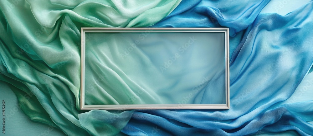 Poster elegant silk fabric in shades of blue and green with an empty rectangular frame in the center and am