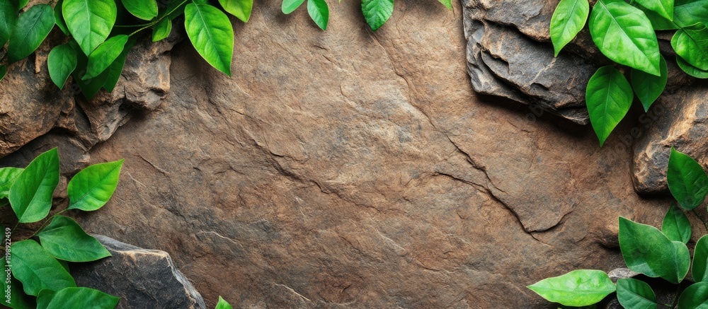Poster natural stone background with green leaves framing edges and ample copy space for text insertion.