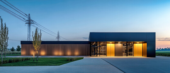 Fototapeta premium Evening glow highlights modern electrical substation with energy storage in expansive landscape