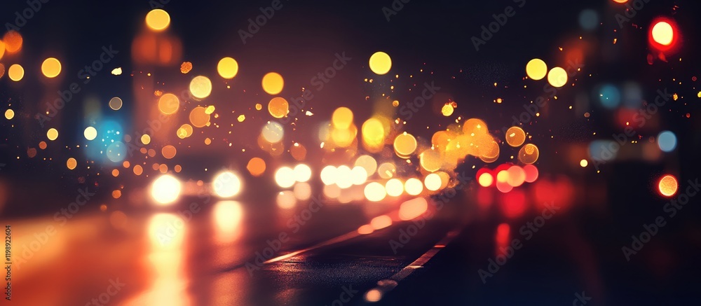 Aufkleber abstract night cityscape with blurred lights and bokeh effect through wet glass window and copy spac