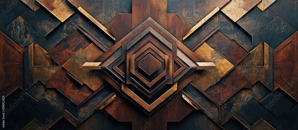 Aufkleber abstract geometric wall design featuring layered metallic shapes in warm tones with copy space for t