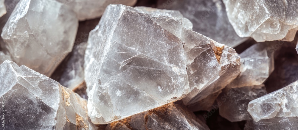 Poster close-up of natural transparent quartz crystals with sharp edges and texture on a flat surface copy 