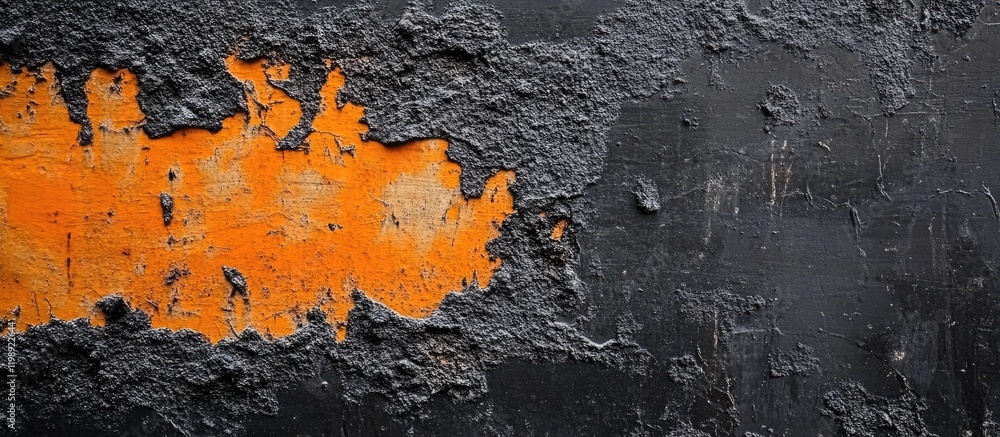 Aufkleber texture of weathered peeling paint in orange and black tones with rough surface and deep cracks, ide