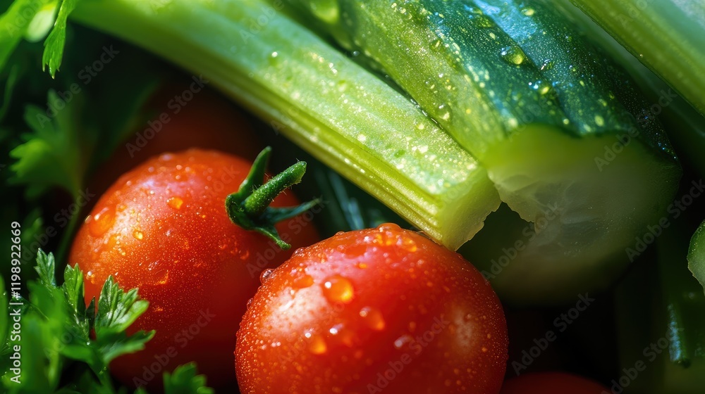 Poster fresh red tomatoes and green cucumbers with water droplets surrounded by leafy vegetables on a dark 
