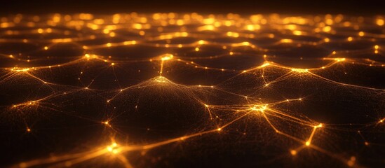 Abstract glowing network of interconnected lines and nodes on dark background with copy space