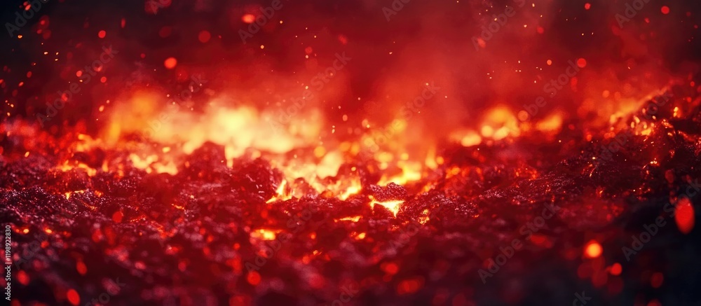 Poster molten lava flow with glowing embers and ash particles against a dark background with copy space for