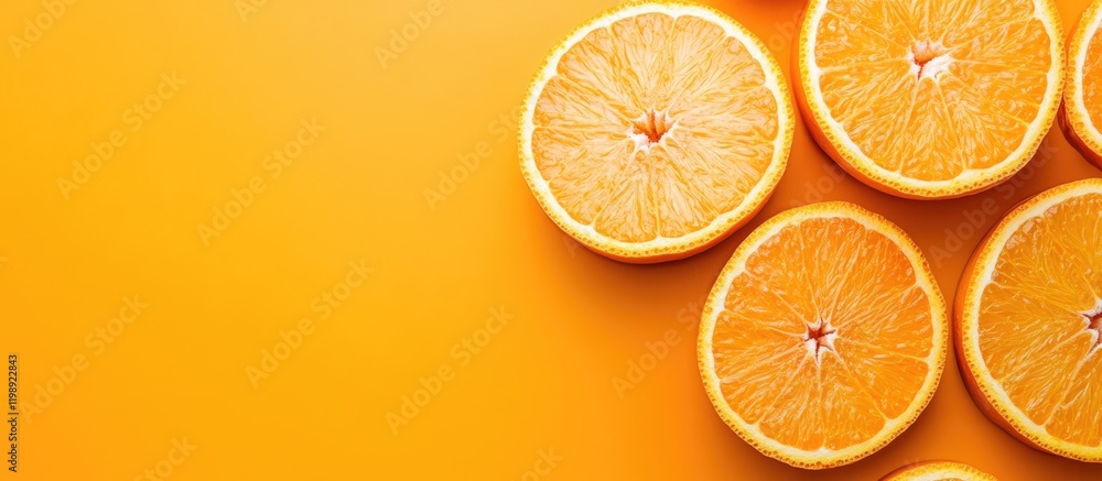 Poster freshly sliced oranges on a vibrant orange background with ample copy space for text placement