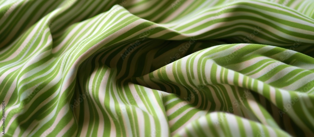 Poster close-up of smooth fabric with green and white horizontal stripes texture and soft folds ideal for b