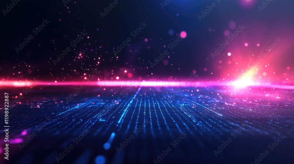 Poster abstract digital background with glowing lights and particles in pink and blue tones copy space for 