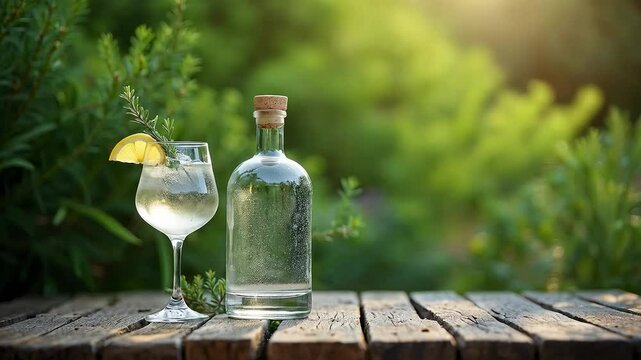 C&oacute;ctel de ginebra con lim&oacute;n y romero en entorno natural