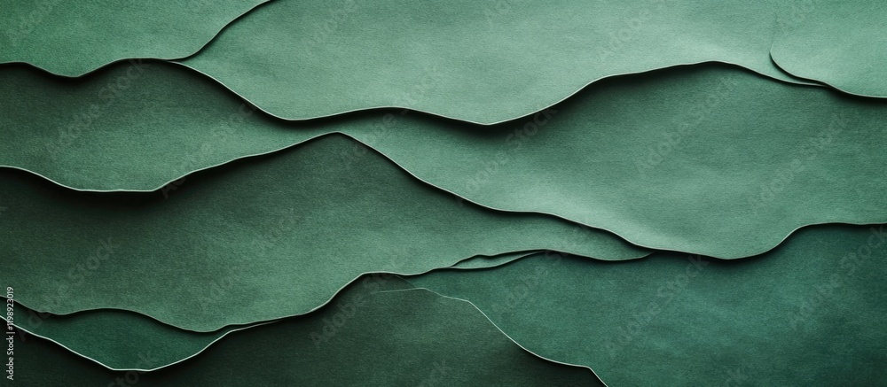 Poster textured layers of green leather stacked in waves with natural shadows and depth showcasing craftsma