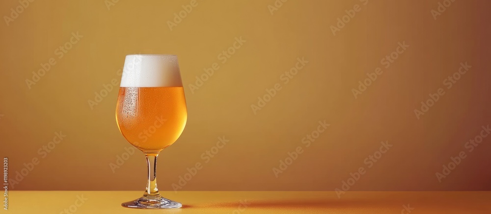 Poster glass of beer with a frothy head on a yellow background with copy space for text placement