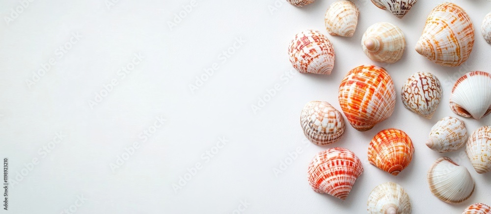 Poster colorful sea shells arranged on a light background with copy space for design and text placement
