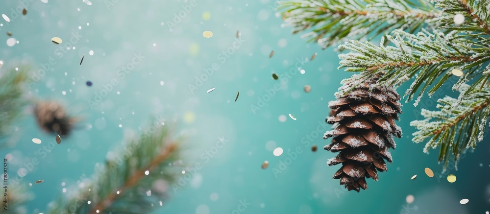 Poster snow-covered pine cone hanging on a tree branch with soft bokeh background and festive sparkles copy