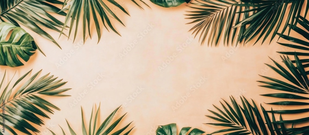 Poster Tropical palm leaves arranged around a blank beige background with ample copy space for text placement.