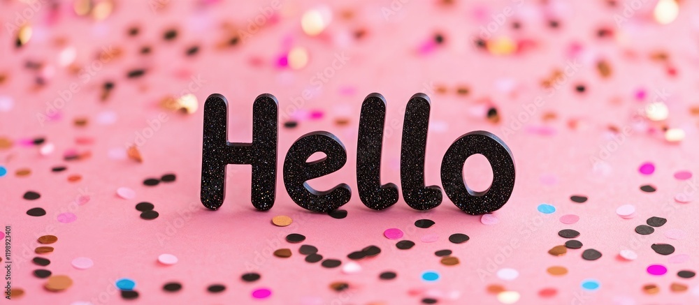 Poster black lettered word hello on pink background with colorful confetti and copy space for text