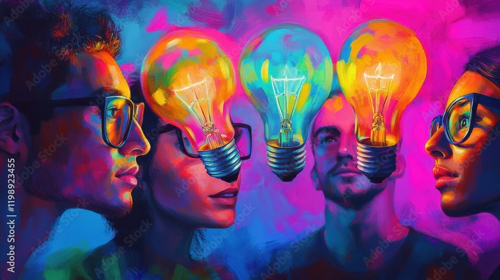 Poster a colorful artistic representation of a team brainstorming session with lightbulbs symbolizing ideas
