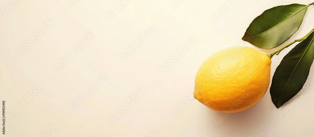 Poster fresh lemon with green leaves on a light background featuring ample copy space for text placement