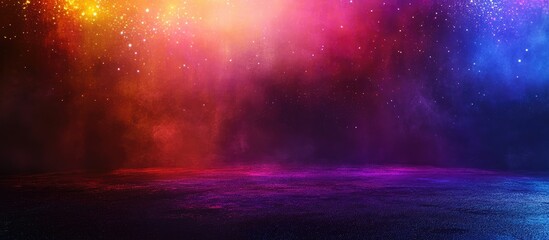 Colorful cosmic nebula background with gradient hues of purple, pink, orange, and blue featuring copy space for text insertion.