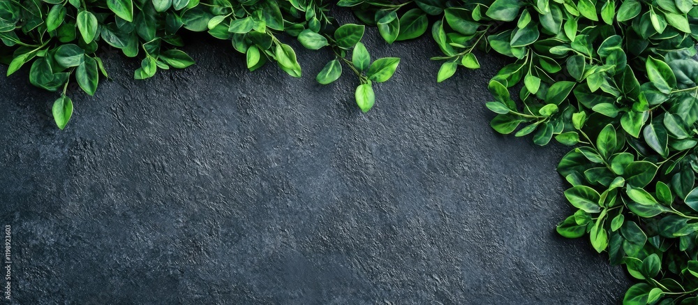 Poster lush green leaves framing a textured dark stone background with ample copy space for design and text