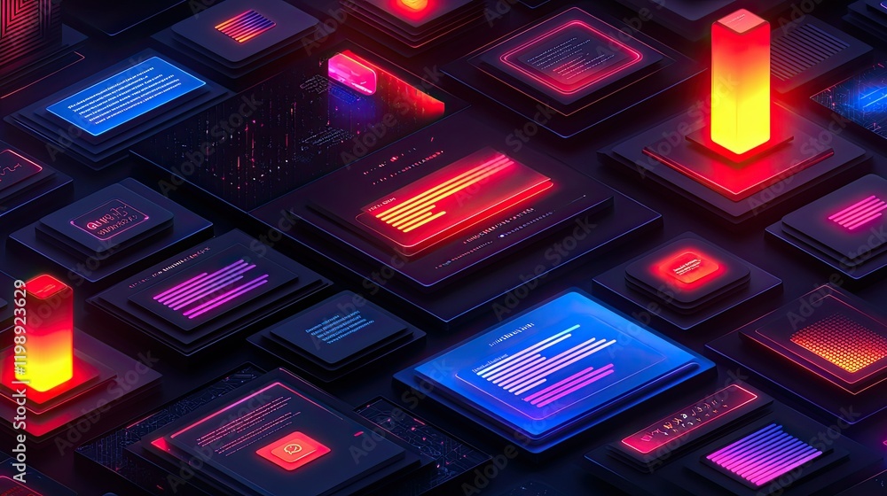Poster abstract neon cubes displaying digital data streams