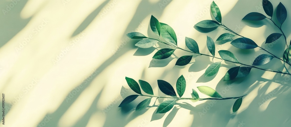Poster green leaves casting shadows on a light background with ample copy space for text placement.