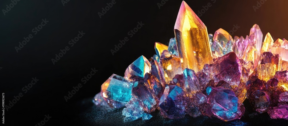 Poster colorful assortment of crystals and gemstones with sharp facets illuminated against a dark backgroun