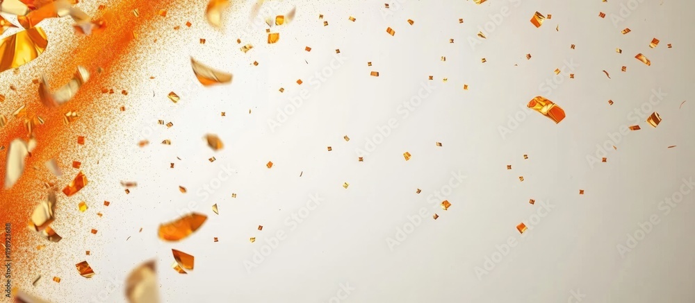 Poster abstract background with scattered golden particles on a light beige surface with copy space for tex