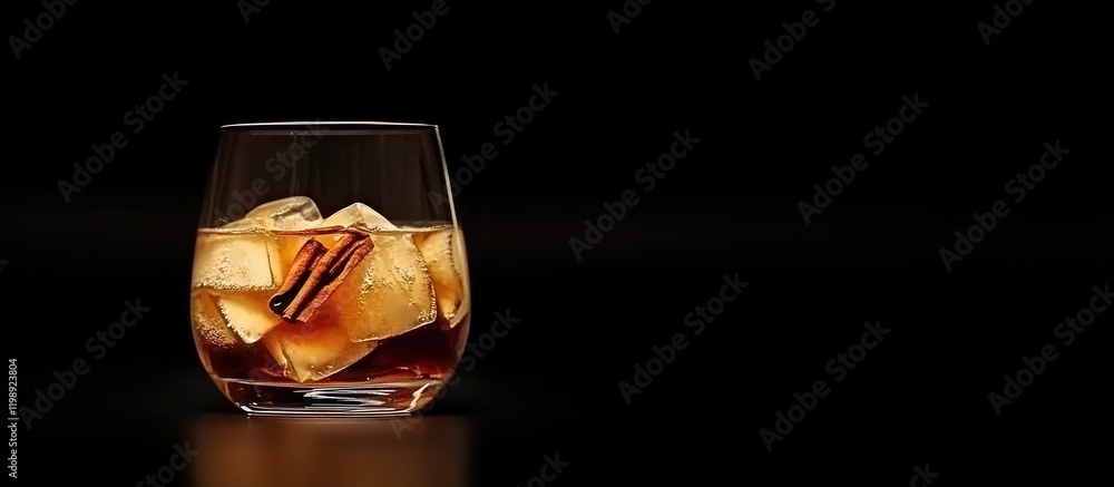 Poster whiskey glass with ice on dark background featuring ample copy space for text placement