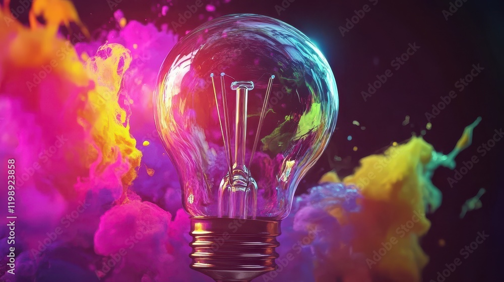Aufkleber creative light bulb explodes with colorful paint and colors on dark background. color splash in bulb