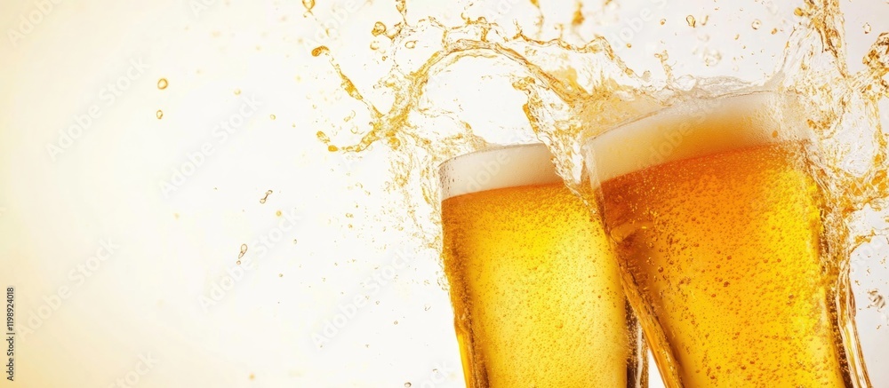Aufkleber glasses of beer clinking with splashes against a light background with copy space for text