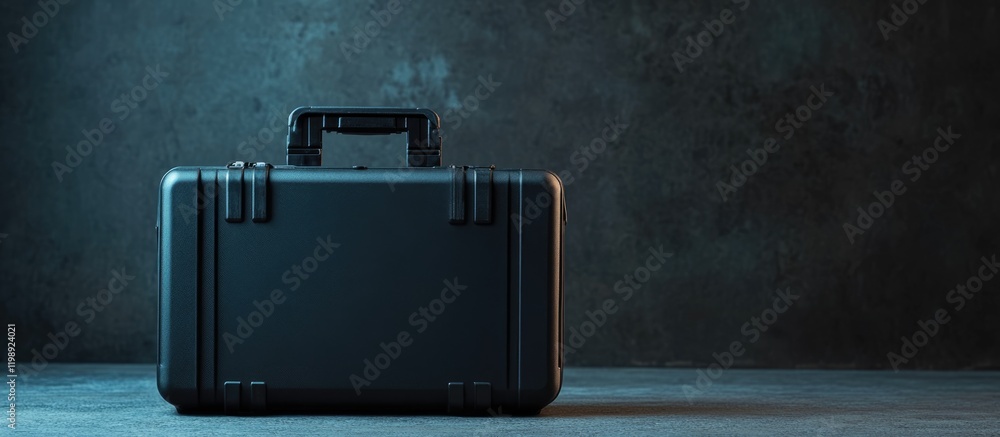 Poster black hard case on a textured surface with dramatic lighting and copy space for text or overlay