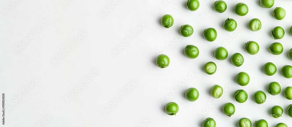 Poster fresh green peas arranged on a white background with ample copy space for text placement.