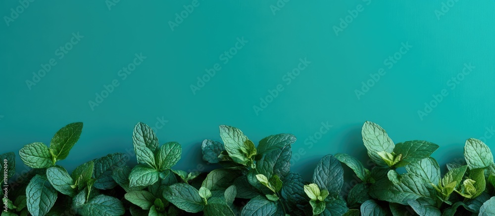 Poster close-up of fresh mint leaves along the bottom edge of a solid teal background with copy space for t