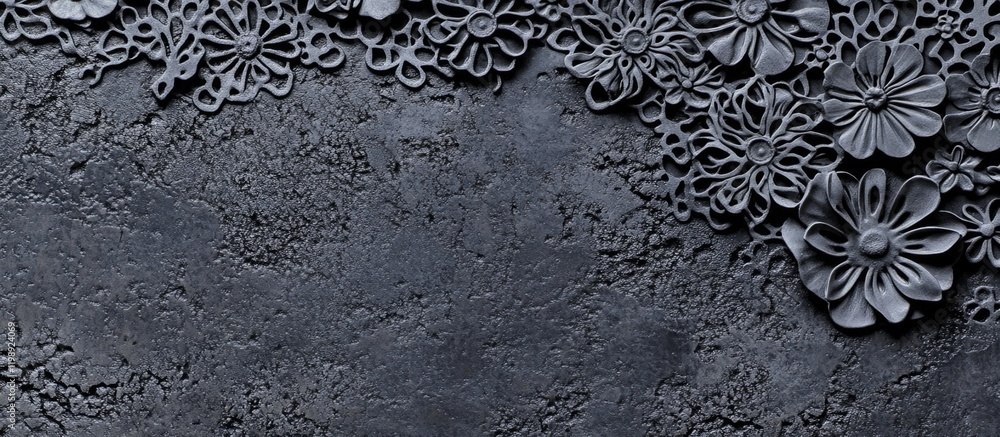 Poster dark textured background with intricate floral lace design and ample copy space for text placement