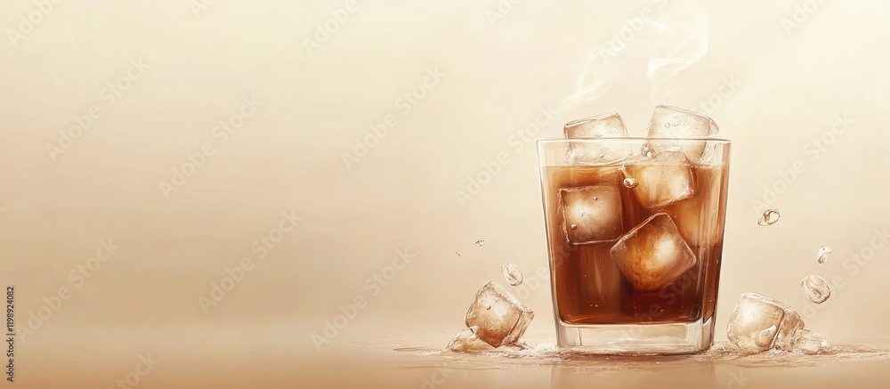 Poster glass of whiskey with ice cubes on a beige background with steam and copy space for text