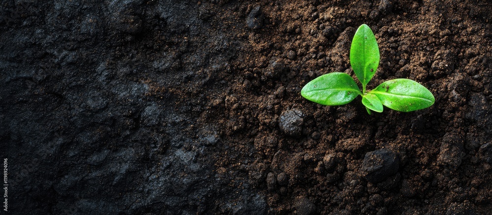 Poster green sprout emerging from dark fertile soil with natural lighting and ample copy space for text pla