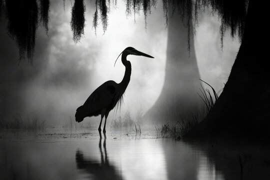 Silhouette of a Great Blue Heron wading in a misty swamp at dawn.