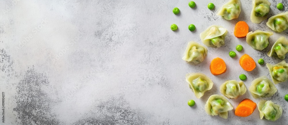 Poster dumplings with peas and carrots on gray stone background with copy space for text placement