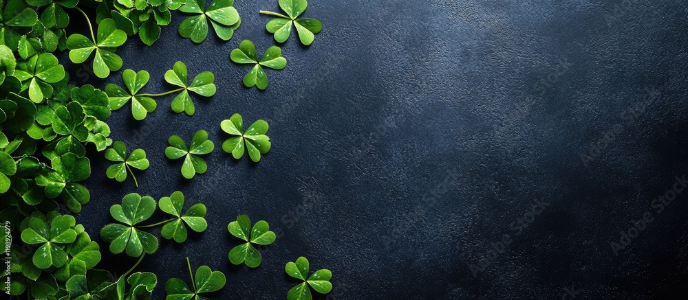 Poster green clover leaves on dark textured background with copy space for text placement