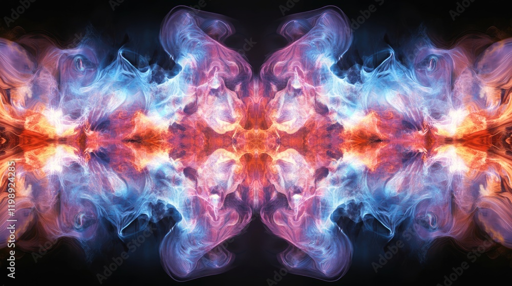 Poster colorful abstract smoke pattern symmetrical design on black background with copy space for text