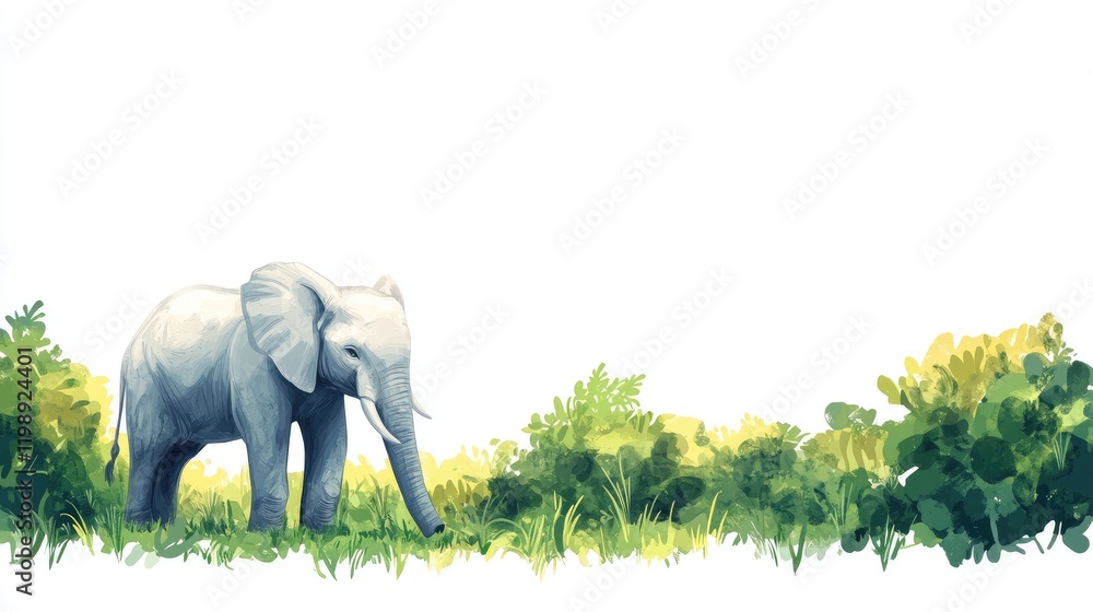 Poster elephant standing in a green landscape with foliage and copy space for text placement