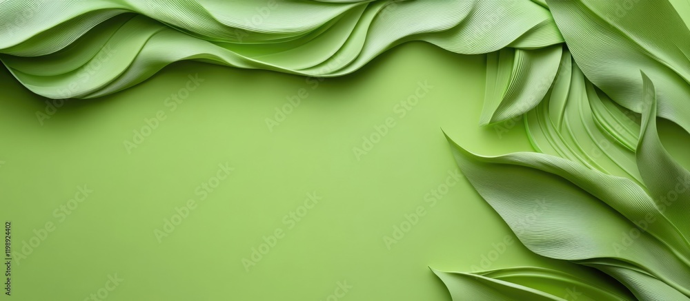 Poster green abstract textured background with wavy leaf shapes and smooth folds copy space