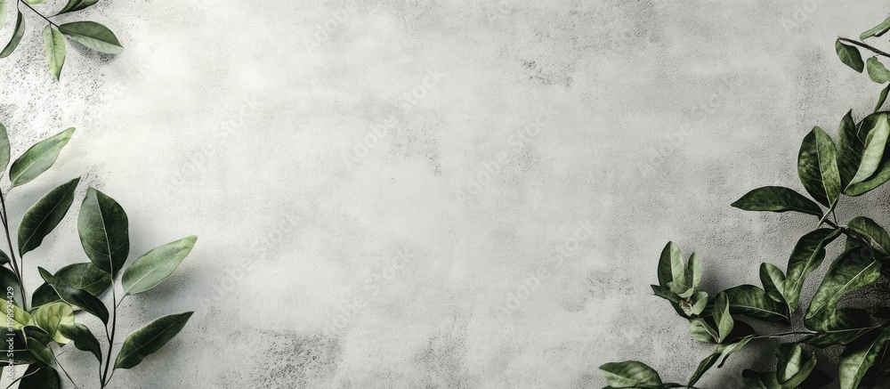 Poster gray textured surface with green leaves framing the edges and ample copy space for text placement.