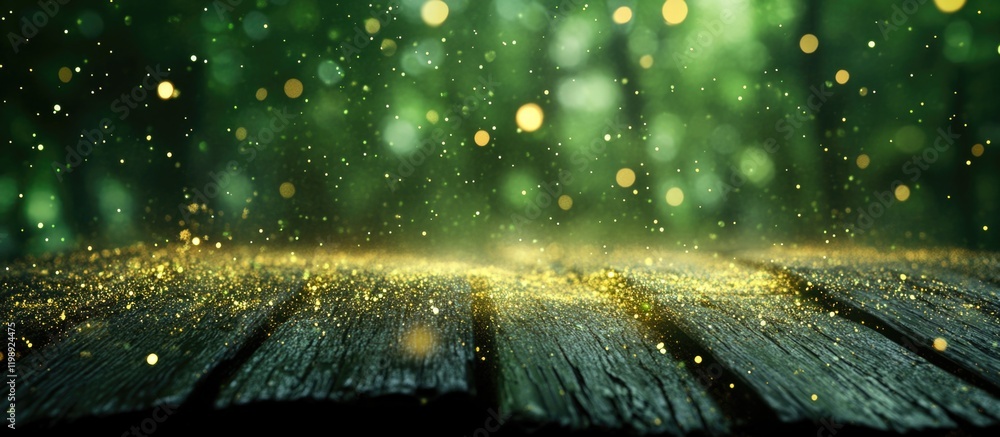 Poster wooden surface with glowing particles and a blurred green forest background featuring bokeh effect a
