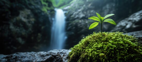Green plant sprouting on mossy rock with blurred waterfall in background depicting nature's resilience Copy Space